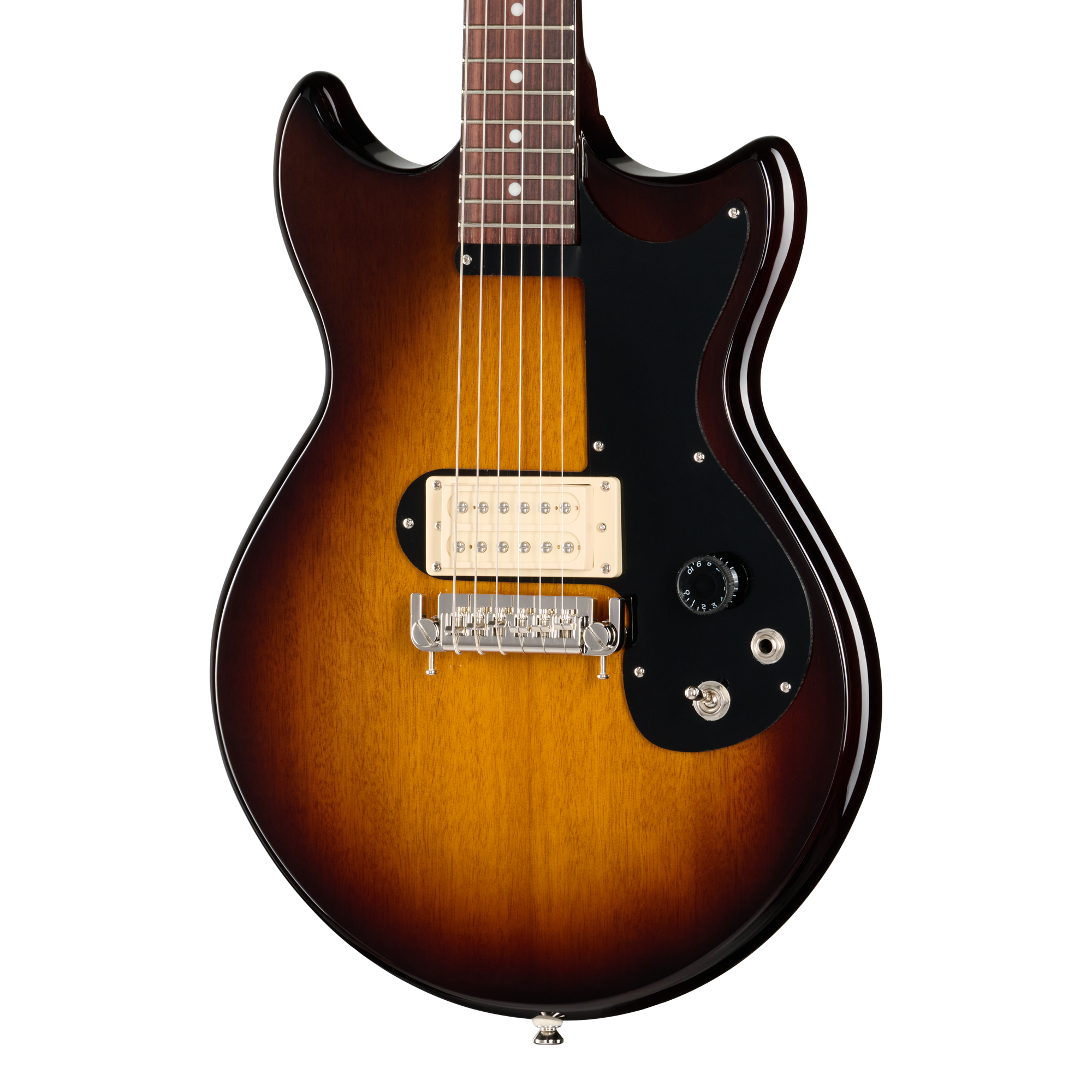 E-Gitarre, Sunburst-Finish, Massivholzkorpus, Humbucker, Schwarzes Schlagbrett